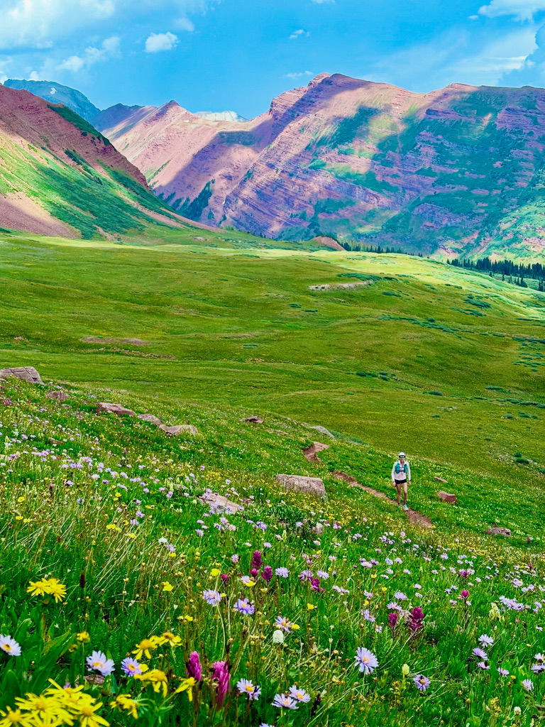 Trail runner in Colorado alpine meadow with wildflowers